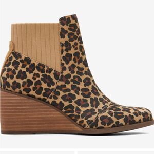 NEW TOMS Sadie Suede Wedge Leather Wedge Bootie Leopard Print Side Zip Boots